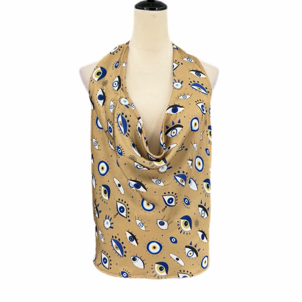 Bululu Resort Wear Tan Evil Eye Nazar Satin Cowl Festival Goth Boho Halter Top